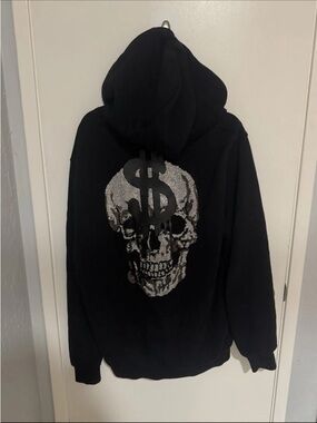 Philipp Plein Black Zip-Up Hoodie with Silver Skull and Dollar Graphic